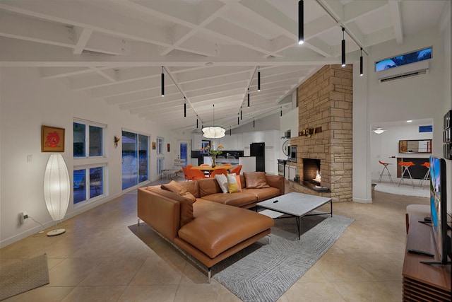 tiled living room featuring high vaulted ceiling, beam ceiling, and a fireplace