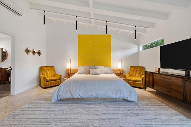 bedroom with high vaulted ceiling, light tile patterned floors, beamed ceiling, and a wall mounted AC