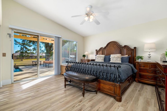 bedroom featuring access to exterior, light wood-type flooring, vaulted ceiling, and ceiling fan