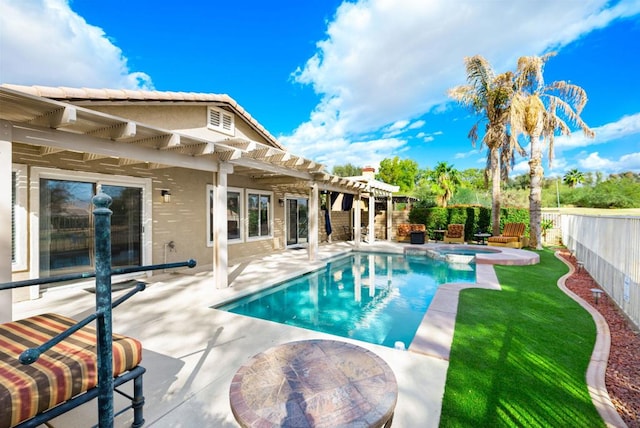 view of swimming pool with a patio area, a pergola, and an in ground hot tub