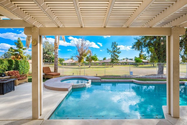 view of swimming pool with a pergola, an in ground hot tub, and a patio