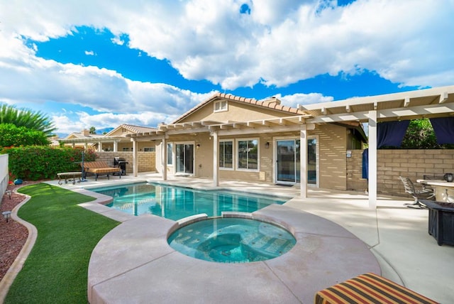 view of swimming pool featuring an in ground hot tub, a pergola, and a patio