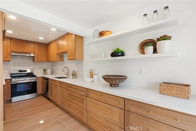 kitchen featuring sink, light hardwood / wood-style flooring, stainless steel appliances, and tasteful backsplash