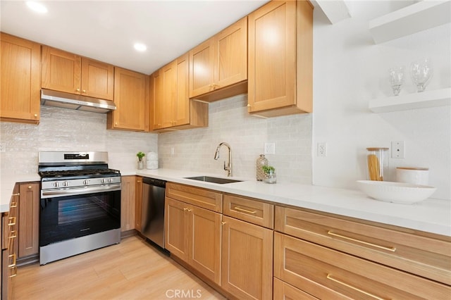 kitchen featuring light hardwood / wood-style floors, sink, backsplash, and stainless steel appliances