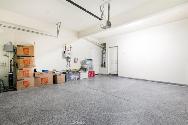 garage with baseboards, secured water heater, and a garage door opener