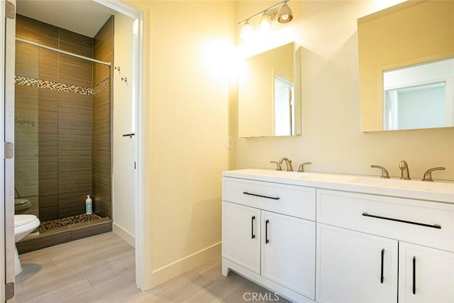 full bathroom featuring double vanity, baseboards, toilet, a shower stall, and a sink