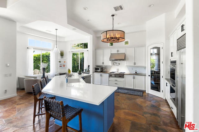 kitchen featuring an inviting chandelier, a kitchen breakfast bar, pendant lighting, white cabinets, and appliances with stainless steel finishes