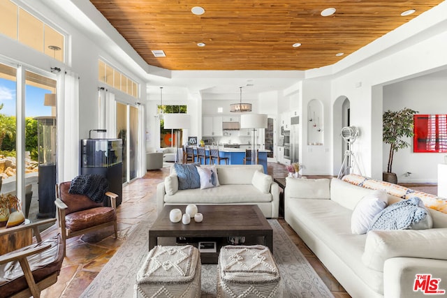 living room with wood ceiling