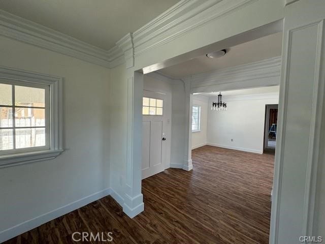 entrance foyer featuring dark wood-type flooring, a notable chandelier, and ornamental molding