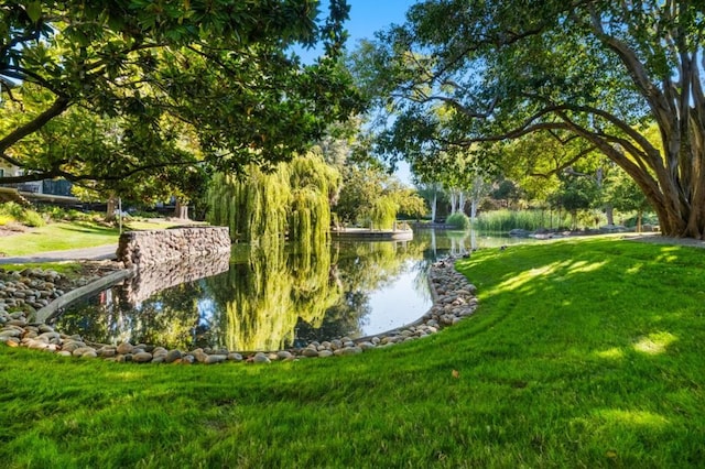 surrounding community featuring a water view and a yard