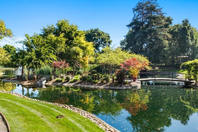 view of home's community with a yard and a water view