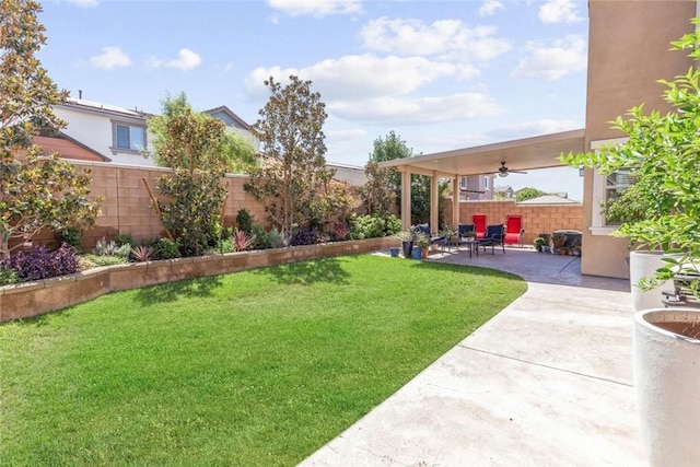 view of yard with a patio and ceiling fan