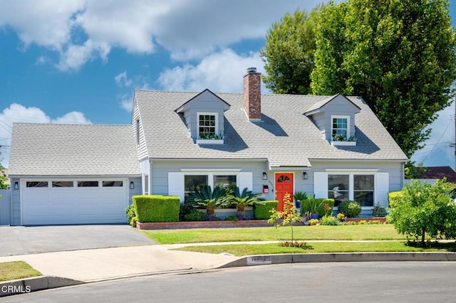 cape cod home featuring a garage and a front lawn