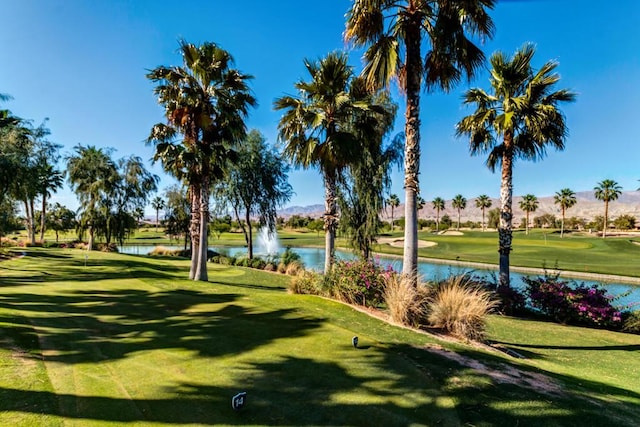 surrounding community with a water view and a lawn