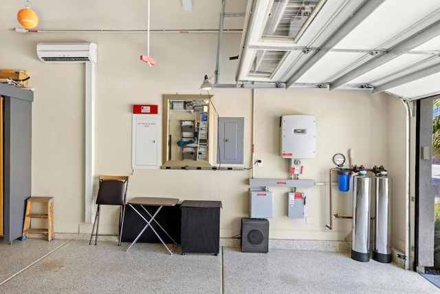 garage with a wall unit AC and electric panel