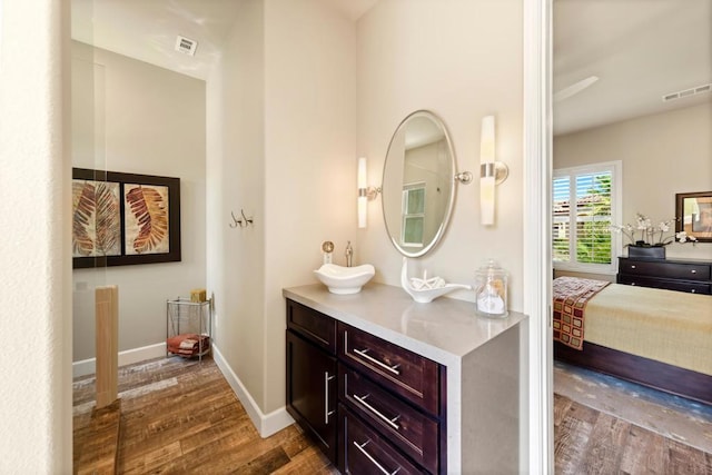 bathroom with hardwood / wood-style floors and vanity