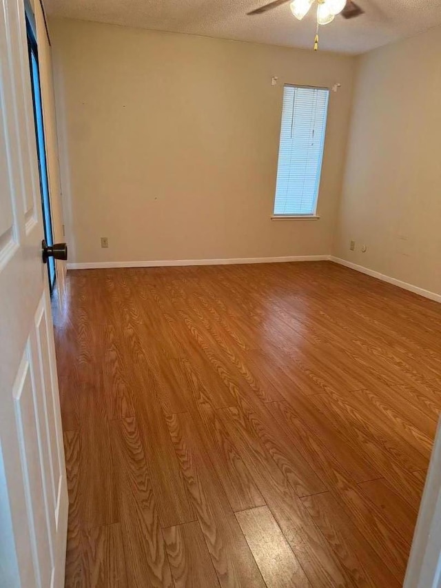 spare room with light hardwood / wood-style floors, a textured ceiling, and ceiling fan