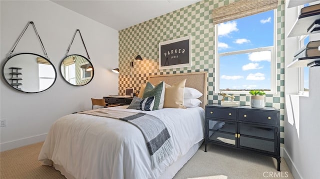 bedroom with light colored carpet