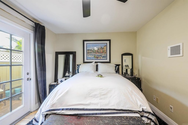 bedroom with light wood-type flooring and ceiling fan