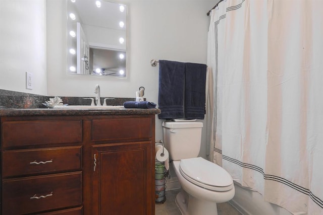 full bathroom with toilet, vanity, shower / tub combo, and tile patterned floors