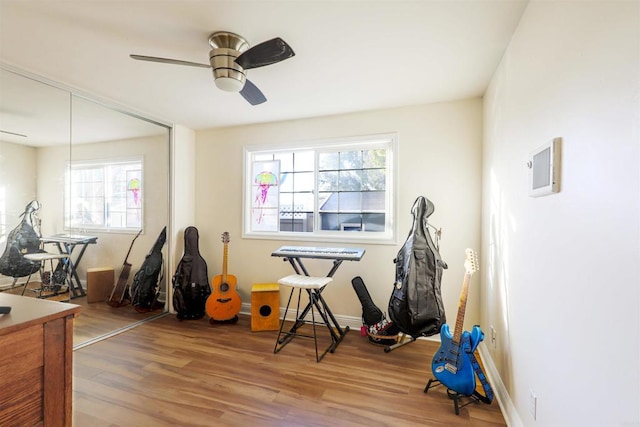 exercise area featuring ceiling fan and hardwood / wood-style flooring