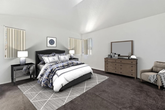 carpeted bedroom featuring vaulted ceiling