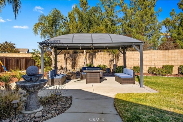 view of patio with a gazebo and an outdoor hangout area