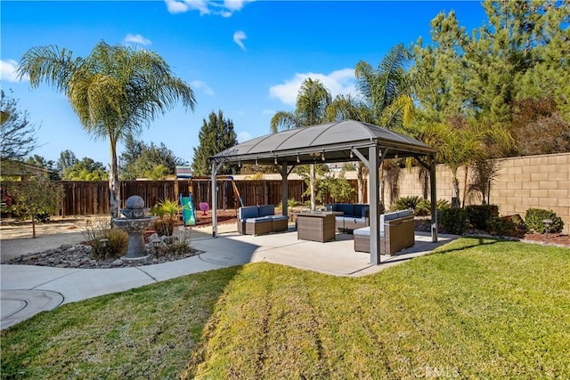 view of patio with outdoor lounge area, a gazebo, and a playground