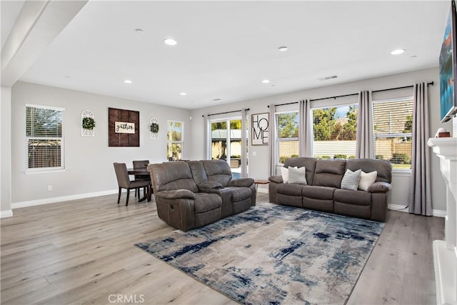 living room with light hardwood / wood-style flooring