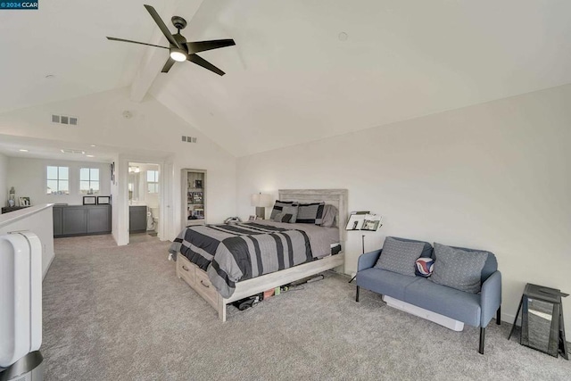 bedroom with light carpet, ensuite bathroom, ceiling fan, high vaulted ceiling, and beamed ceiling