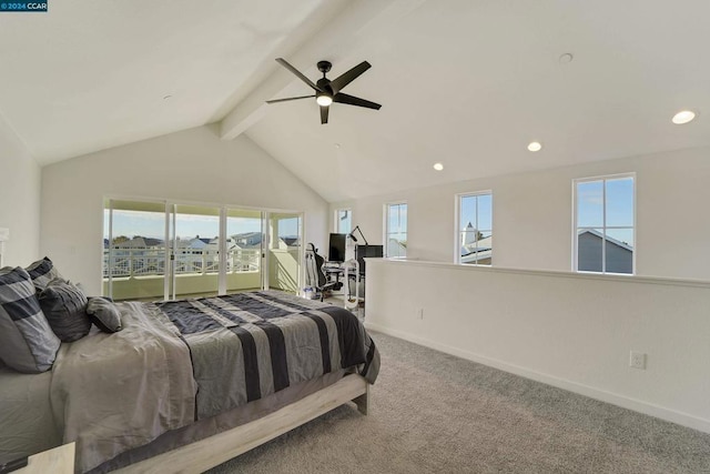 carpeted bedroom featuring multiple windows, vaulted ceiling with beams, access to exterior, and ceiling fan