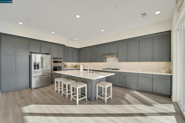 kitchen with light hardwood / wood-style flooring, an island with sink, a kitchen bar, gray cabinets, and appliances with stainless steel finishes