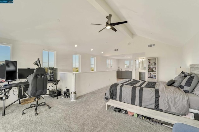 bedroom with lofted ceiling with beams, ceiling fan, and light carpet