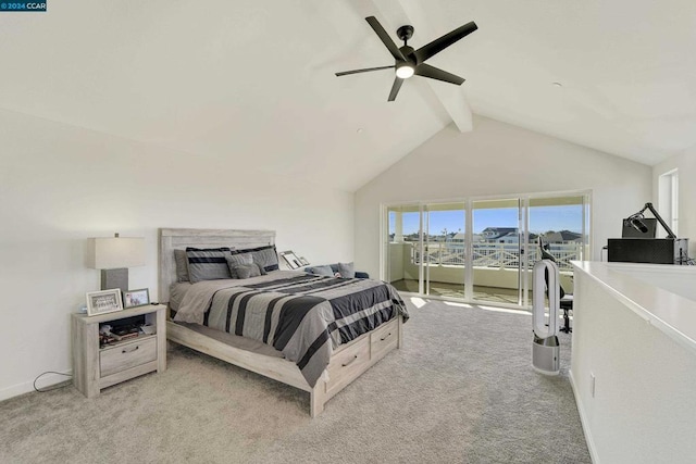 bedroom featuring access to exterior, light carpet, vaulted ceiling with beams, and ceiling fan