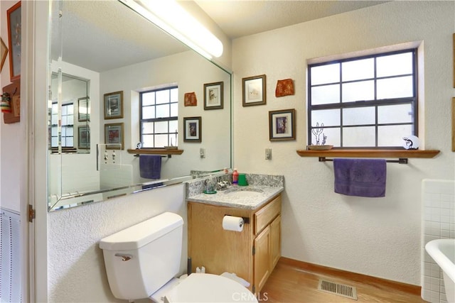 bathroom with wood-type flooring, vanity, toilet, and a bathing tub