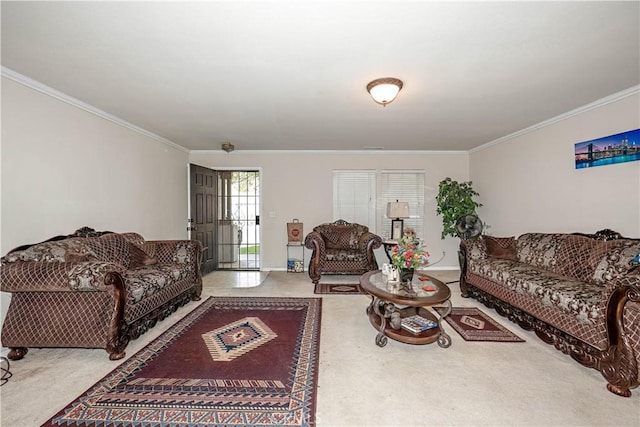 carpeted living room featuring crown molding