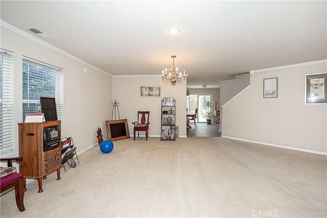 misc room featuring carpet, an inviting chandelier, and a healthy amount of sunlight