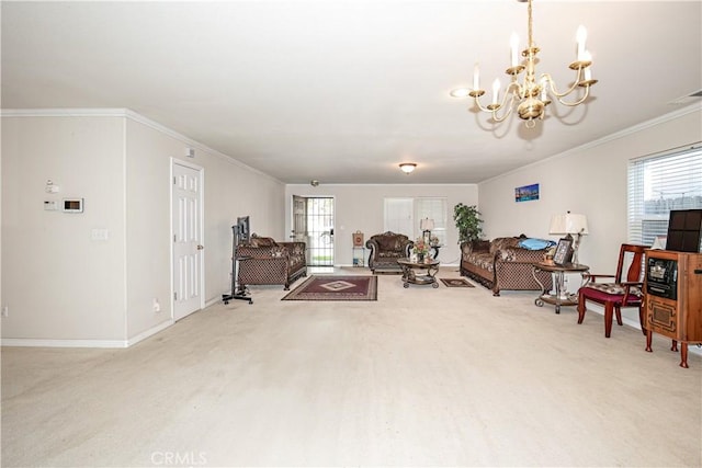 living room with a notable chandelier, a healthy amount of sunlight, light colored carpet, and ornamental molding