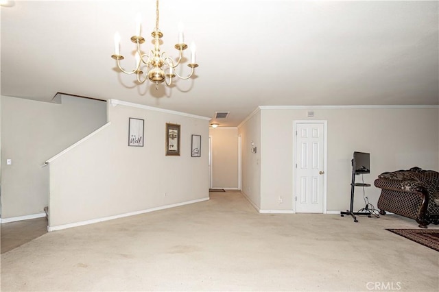 carpeted living room with crown molding and an inviting chandelier