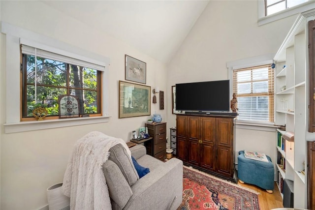 living room featuring light wood-type flooring and high vaulted ceiling