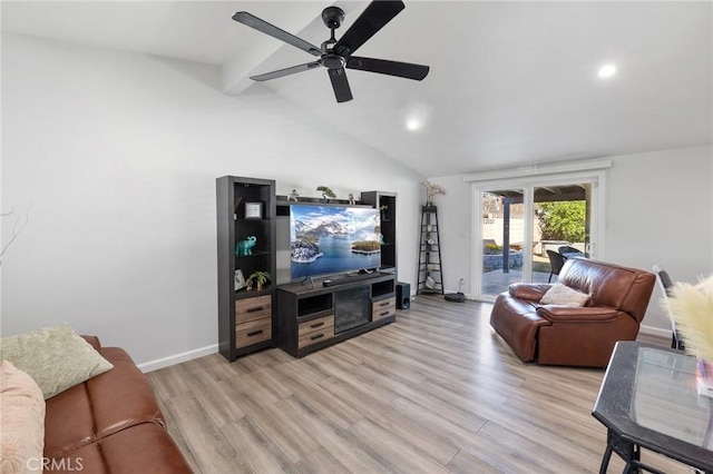 living room with lofted ceiling with beams, ceiling fan, and light hardwood / wood-style flooring