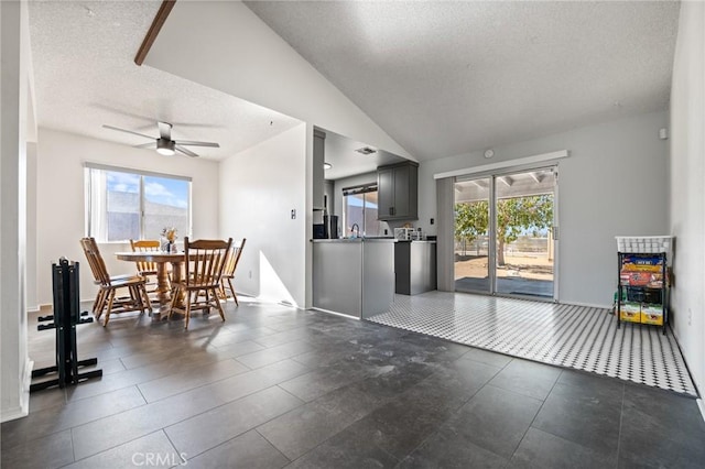 interior space featuring lofted ceiling, ceiling fan, and a textured ceiling