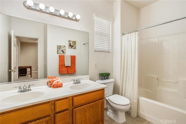 full bathroom featuring tile patterned floors, shower / bath combo, toilet, and vanity