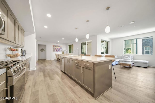 kitchen with sink, light hardwood / wood-style flooring, decorative light fixtures, and appliances with stainless steel finishes