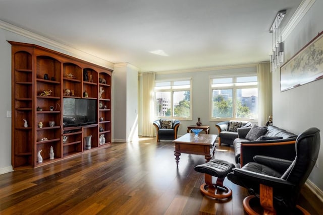 living room with ornamental molding and dark hardwood / wood-style floors