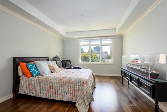 bedroom featuring a raised ceiling and dark wood-type flooring