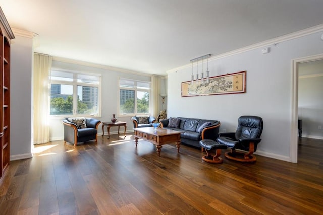 living room featuring dark wood-type flooring and ornamental molding