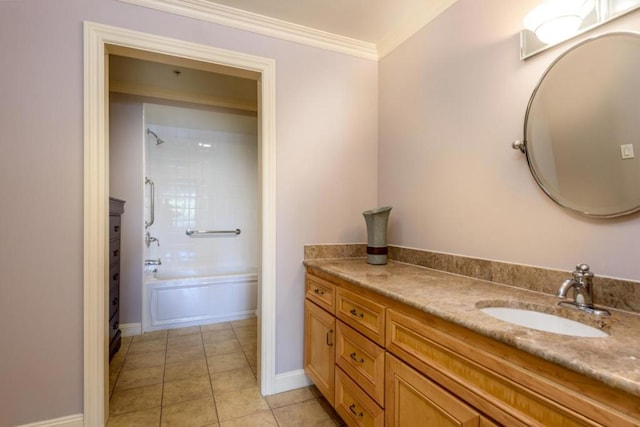 bathroom with tiled shower / bath combo, vanity, tile patterned floors, and crown molding