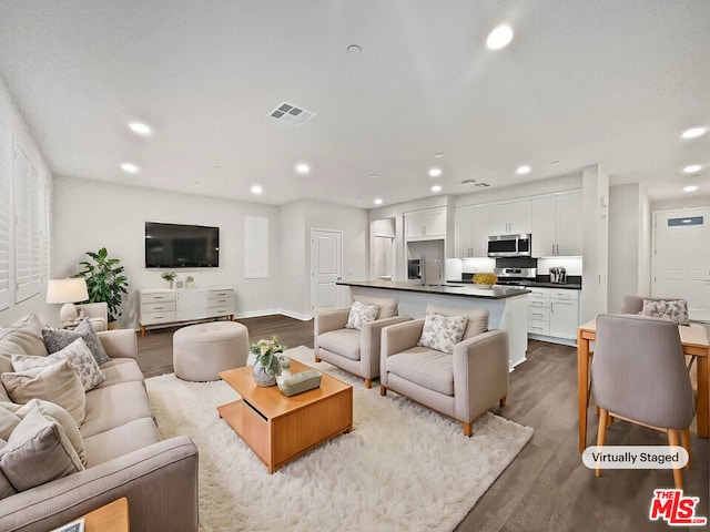 living room with sink and dark hardwood / wood-style floors