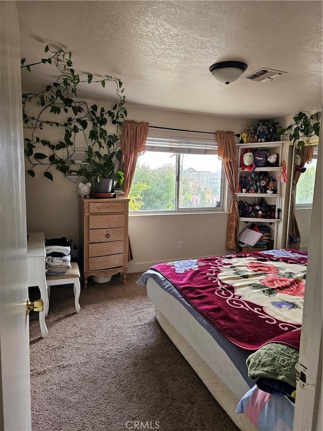 bedroom with carpet flooring, a textured ceiling, and multiple windows